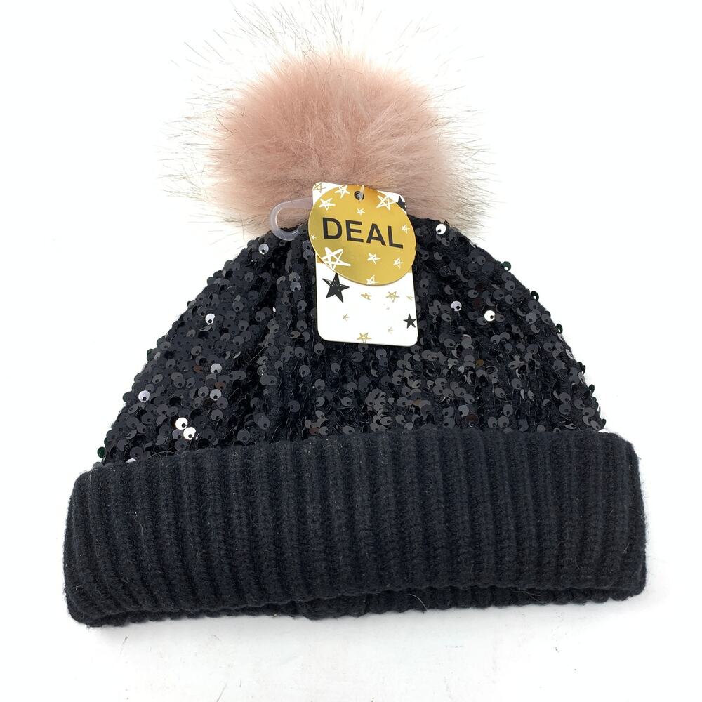 Forever-21 Women's One Size Sequin Pink Pom Beanie Winter Hat Black NWT